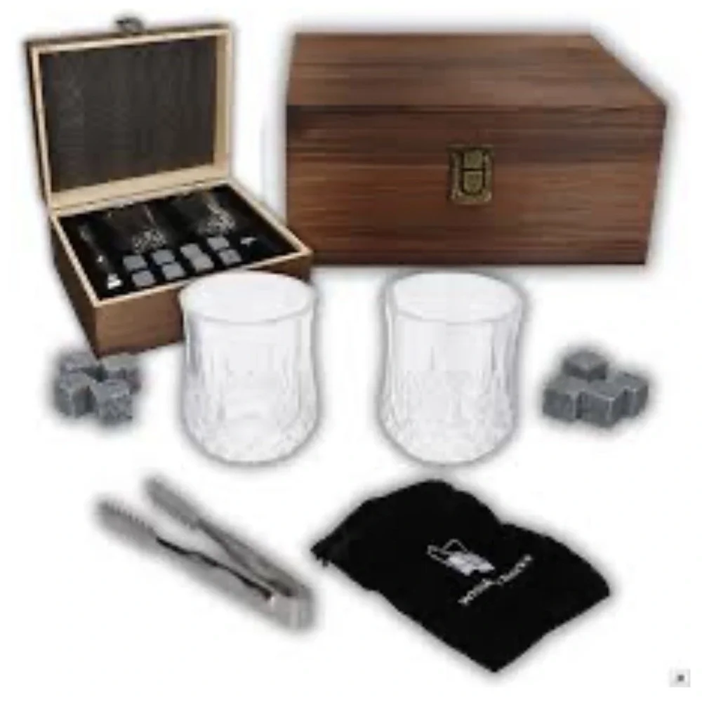 Whiskey Ice Stone Set Gift Box w/ Cups, Ice Stones, Tongs, Velvet Bag, Coaster